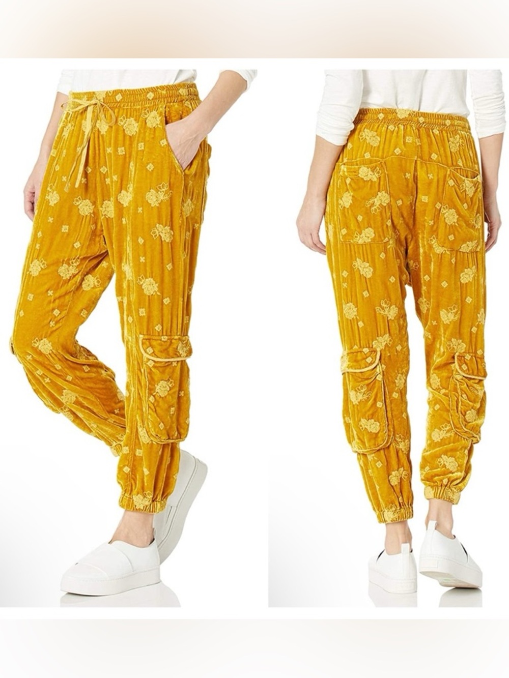 Johnny Was Embroidered Cargo Baggy Jogger Pants Gold Yellow Velvet Women’s Sz L